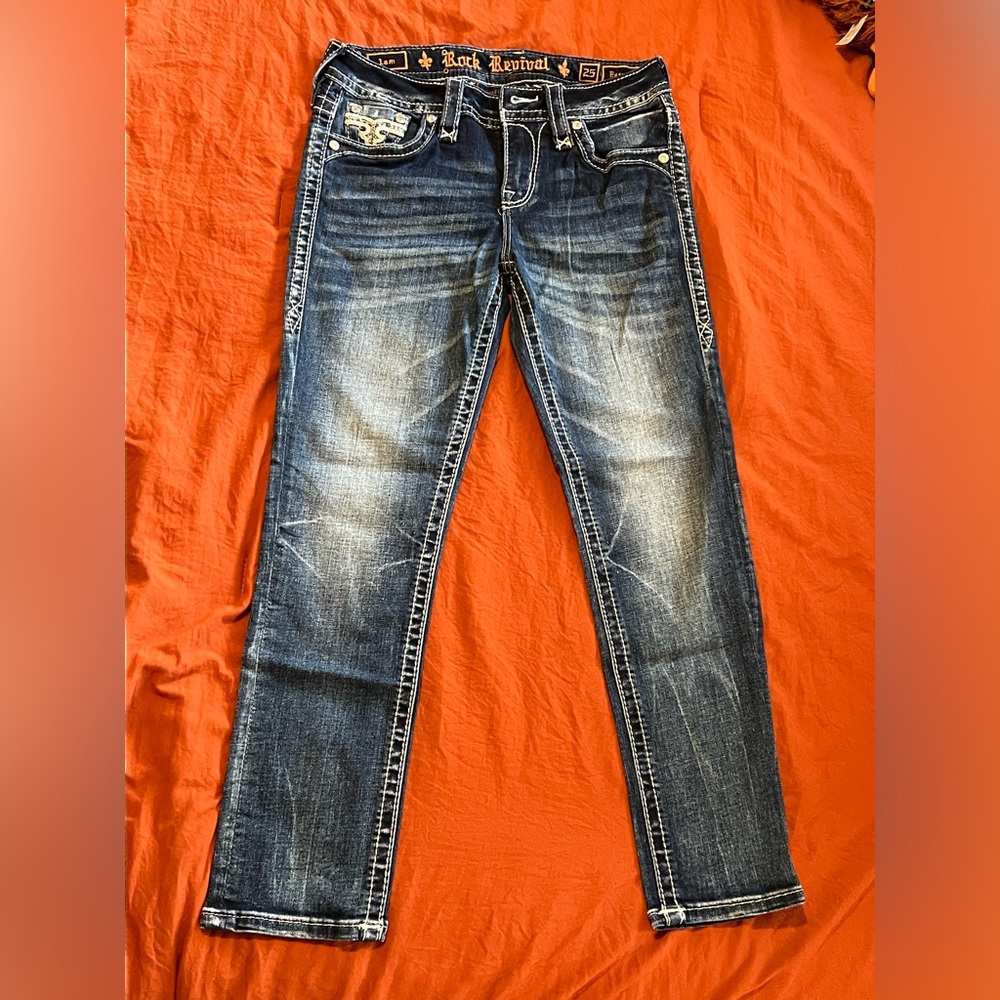 Rock Revival Dark Blue Jeans with Orange Accents